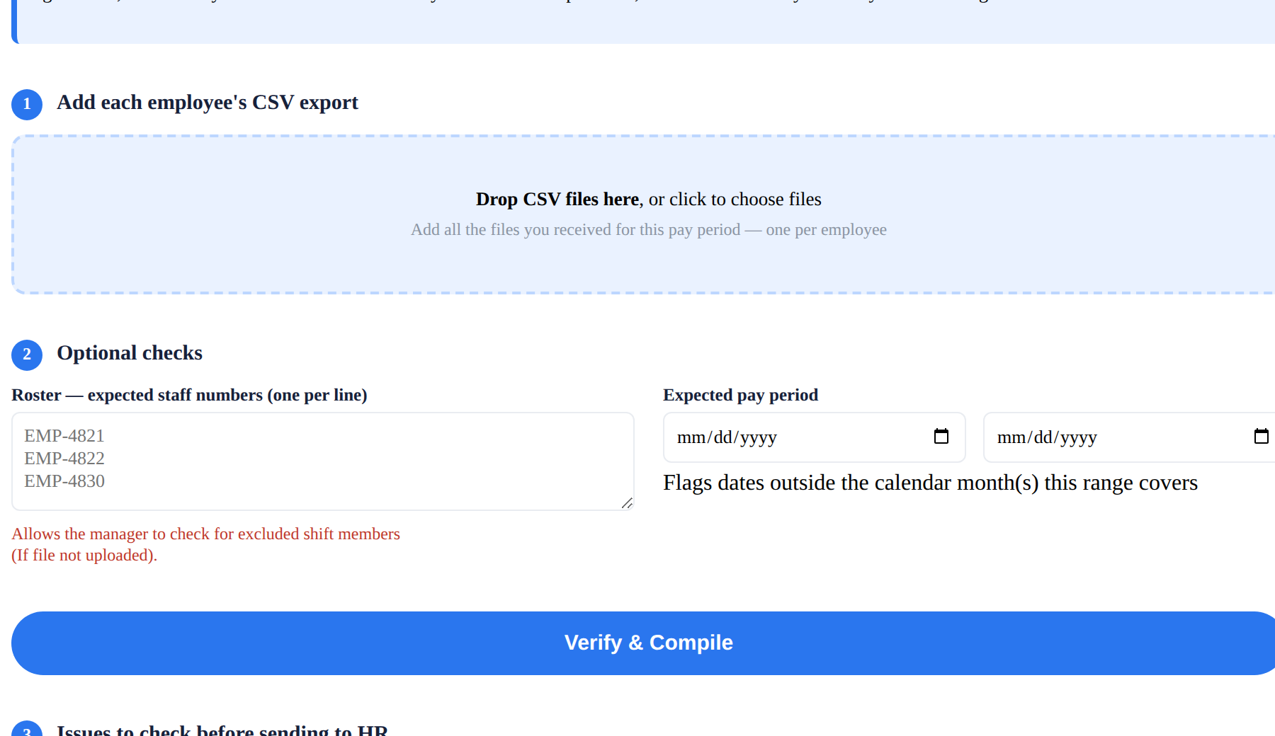 The Manager's Tool showing the file upload area and the optional roster and pay period checks